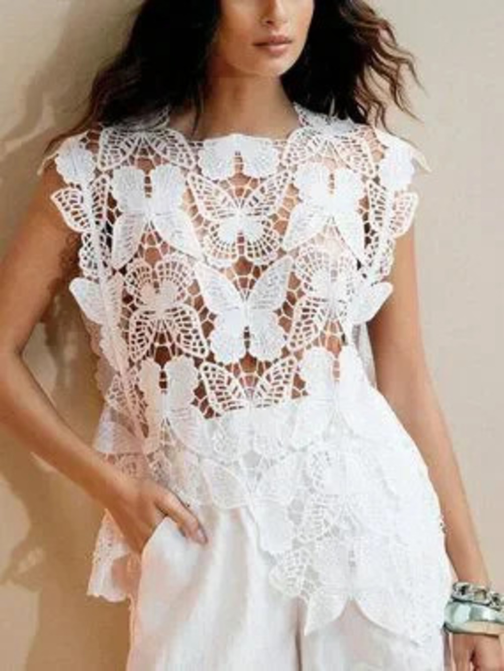 White Elegant Women's Lace Crochet Hollow Mesh butterfly desgin top